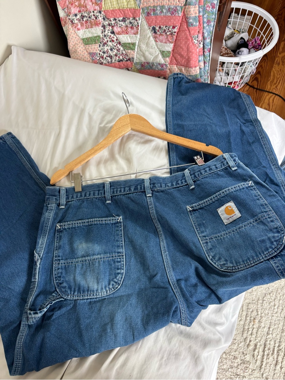 Carhartt Blue Denim Utility Work Pants with Back Patch Logo